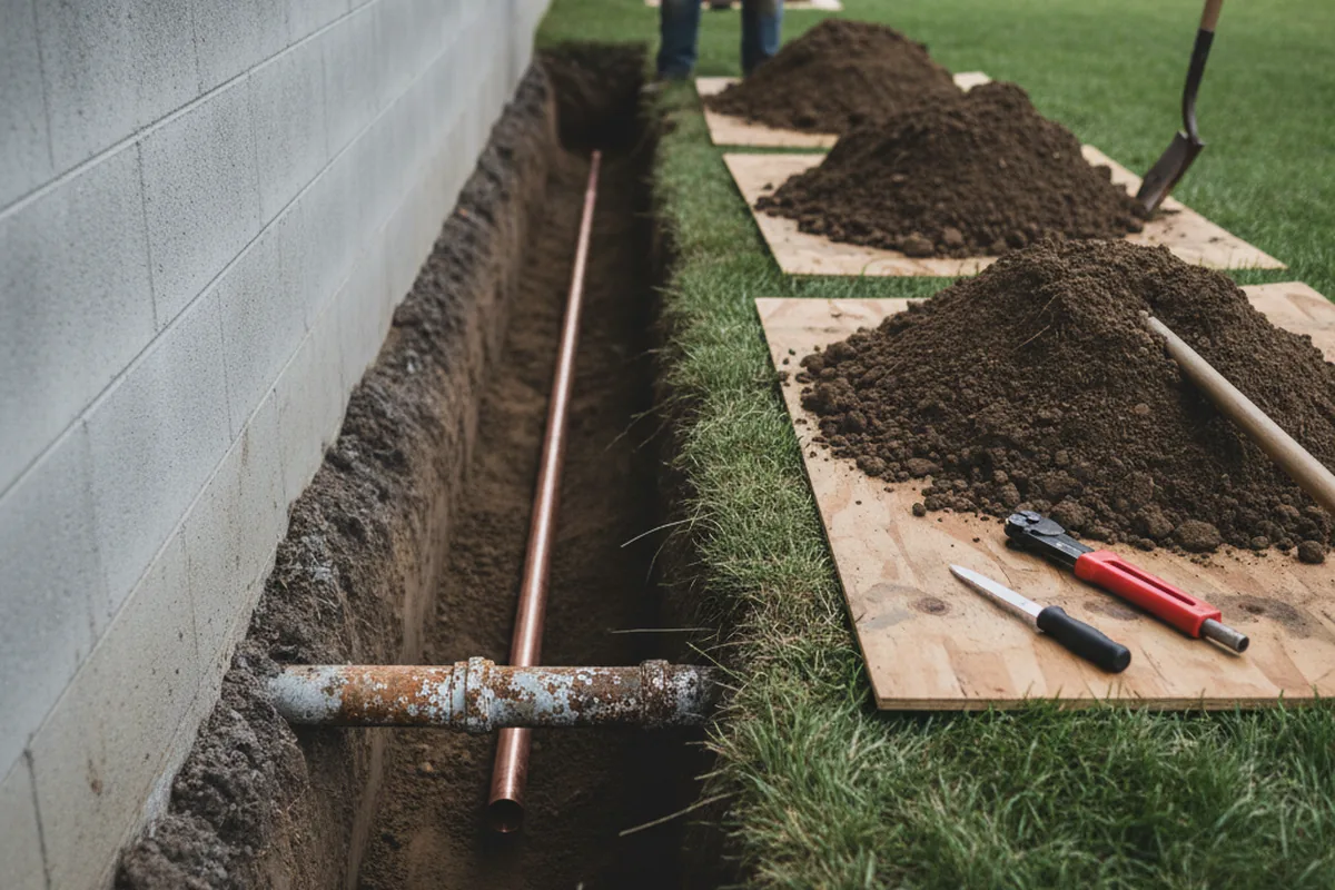 Excavated water line trench during Water Softener Installation in Happy